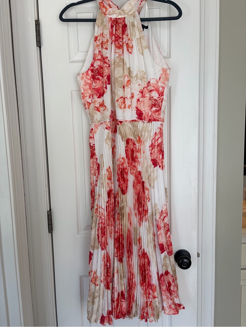 Alex Marie White Halter Midi Dress with Red and Tan Floral Print